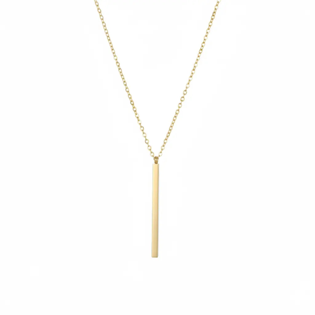 Gold-plated waterproof necklace with a vertical bar pendant on a white background