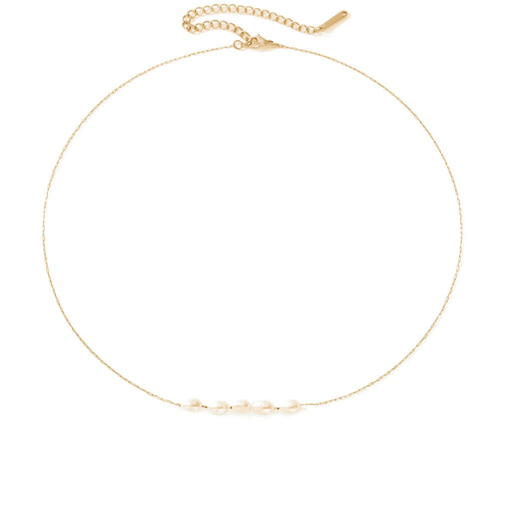 Gold-plated pearl necklace on a white background