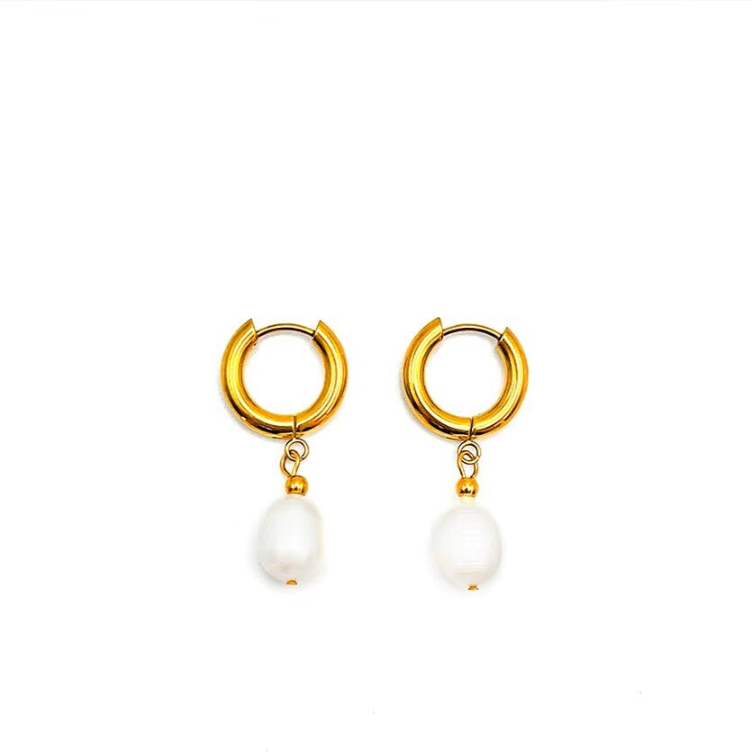 Gold plated waterproof hoop earrings with pearl drops on a white background