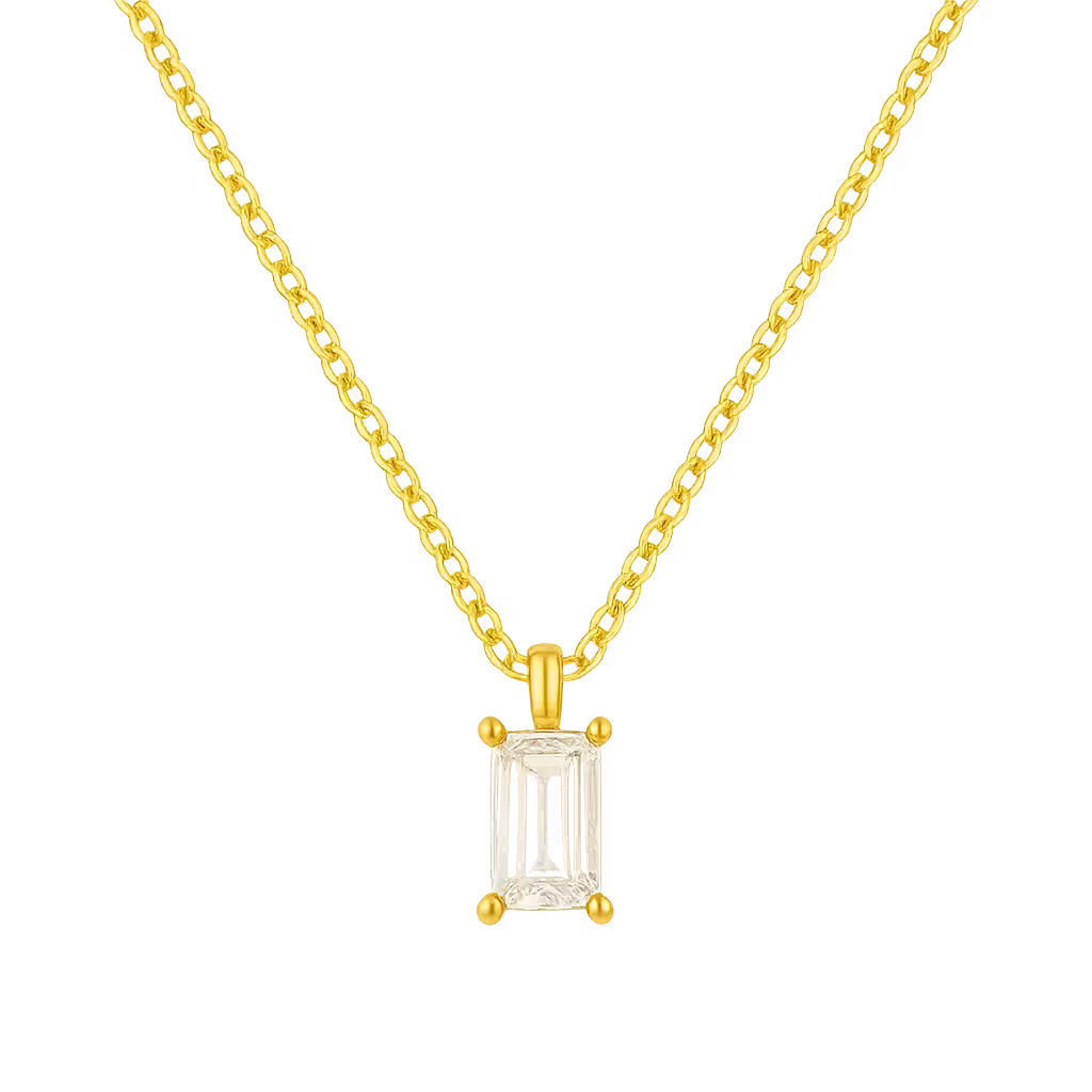 Gold waterproof necklace with a rectangle pendant on a white background