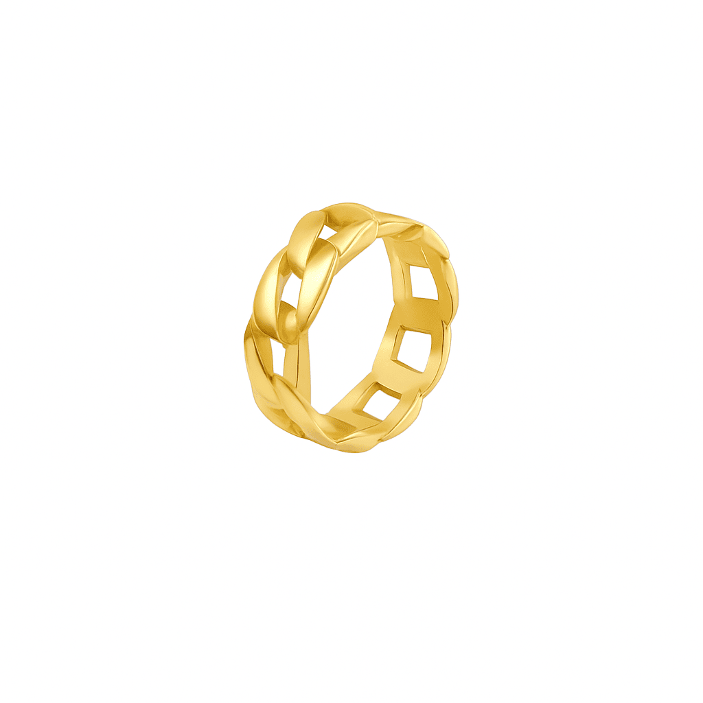 Gold plated waterproof ring with a braided design on a white background