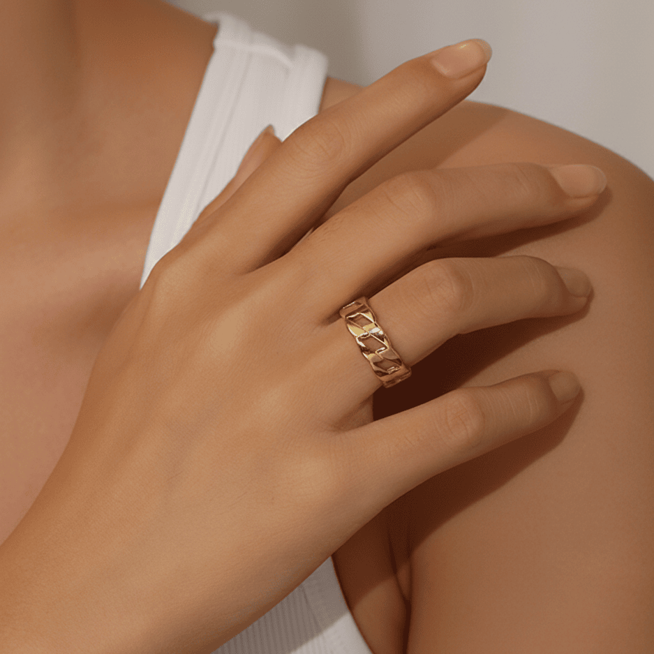 Close-up of a gold plated ring on a women's hand 