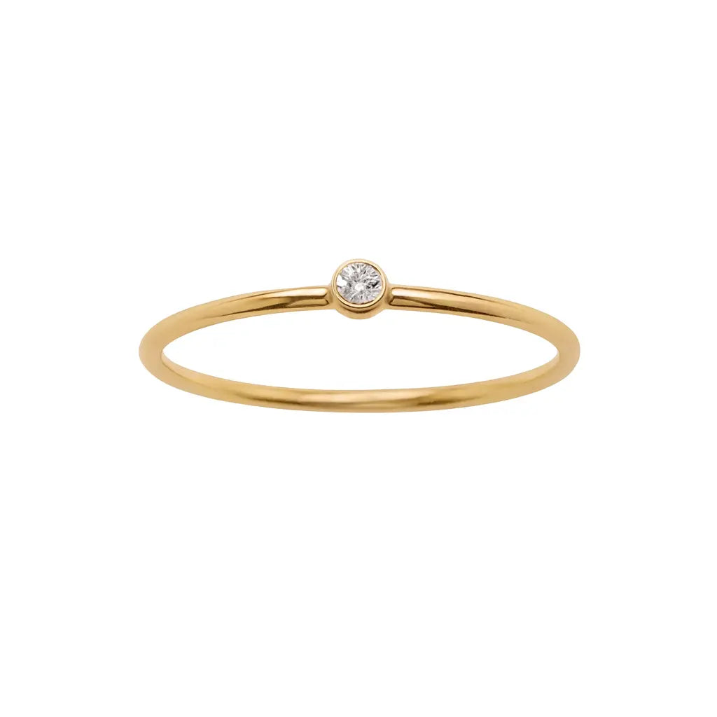 Gold plated ring with a small diamond on a white background