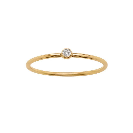 Gold plated ring with a small diamond on a white background