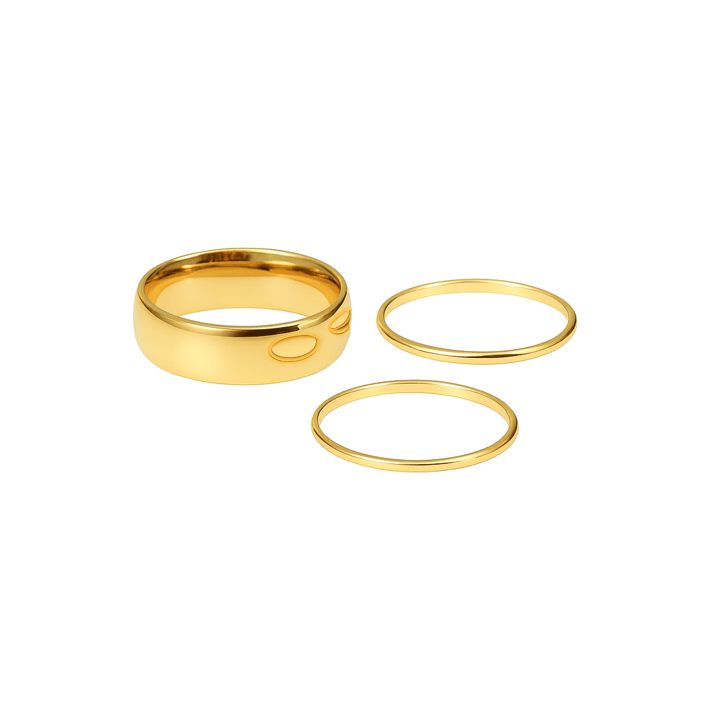 Three gold rings of different sizes on a white background