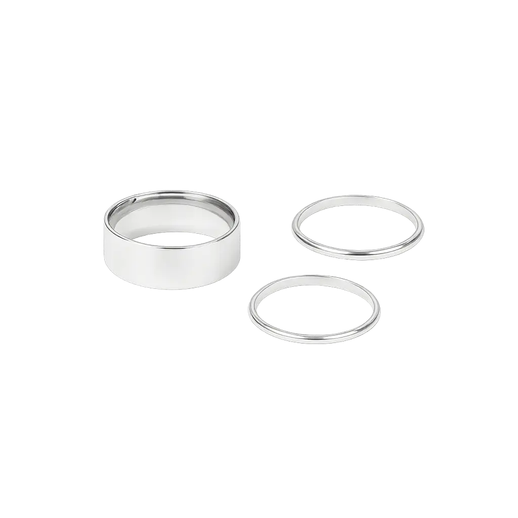 Three silver rings of different sizes on a white background