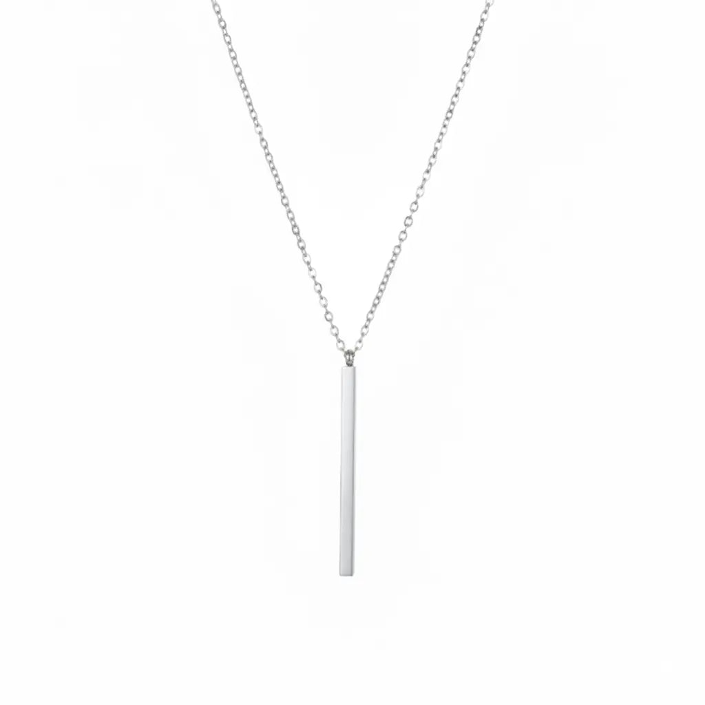 Silver stainless steel necklace with a vertical bar pendant on a white background