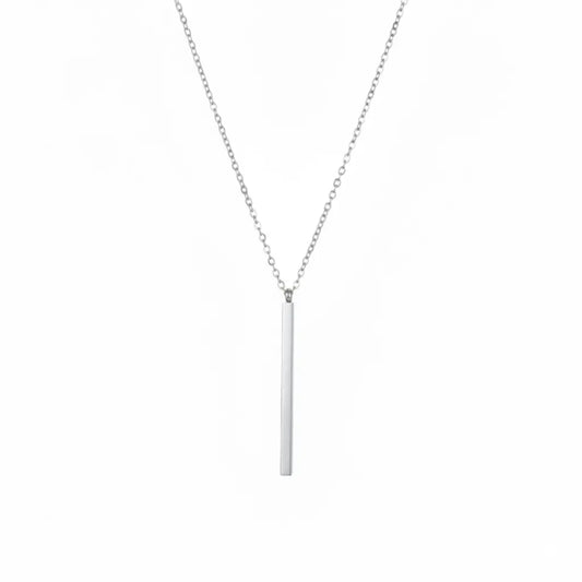 Silver stainless steel necklace with a vertical bar pendant on a white background