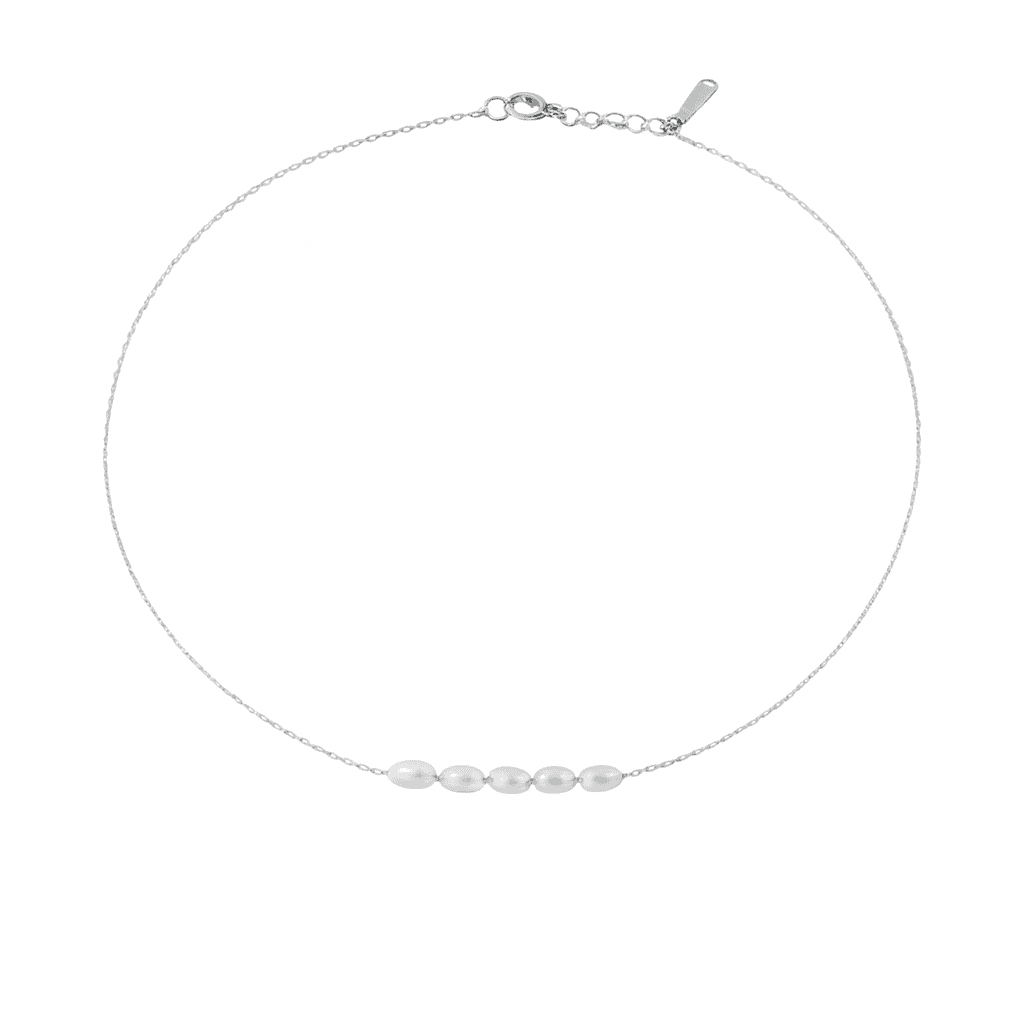 Silver-plated pearl necklace on a white background