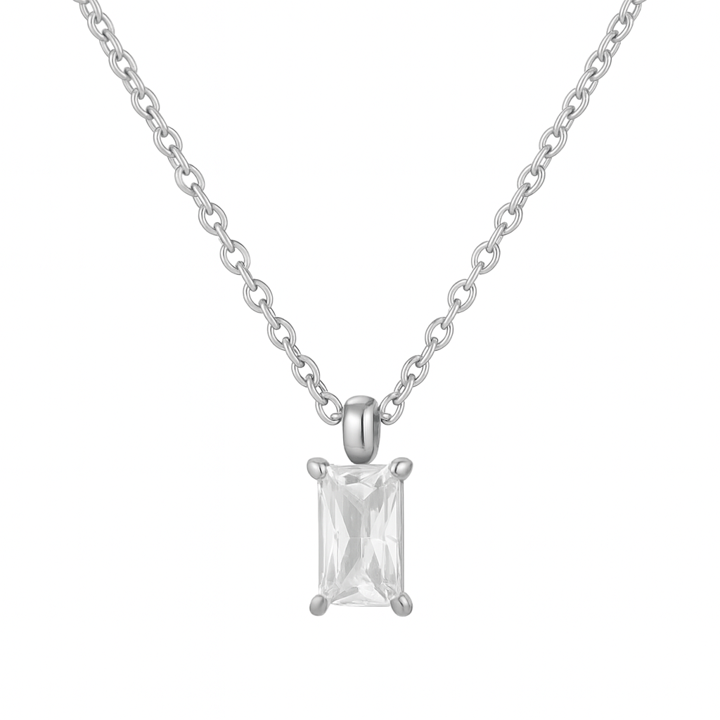 Silver stainless steel necklace with a rectangle pendant on a white background