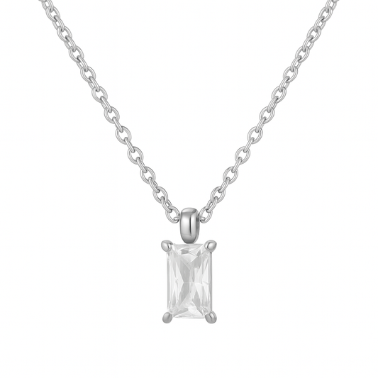 Silver stainless steel necklace with a rectangle pendant on a white background