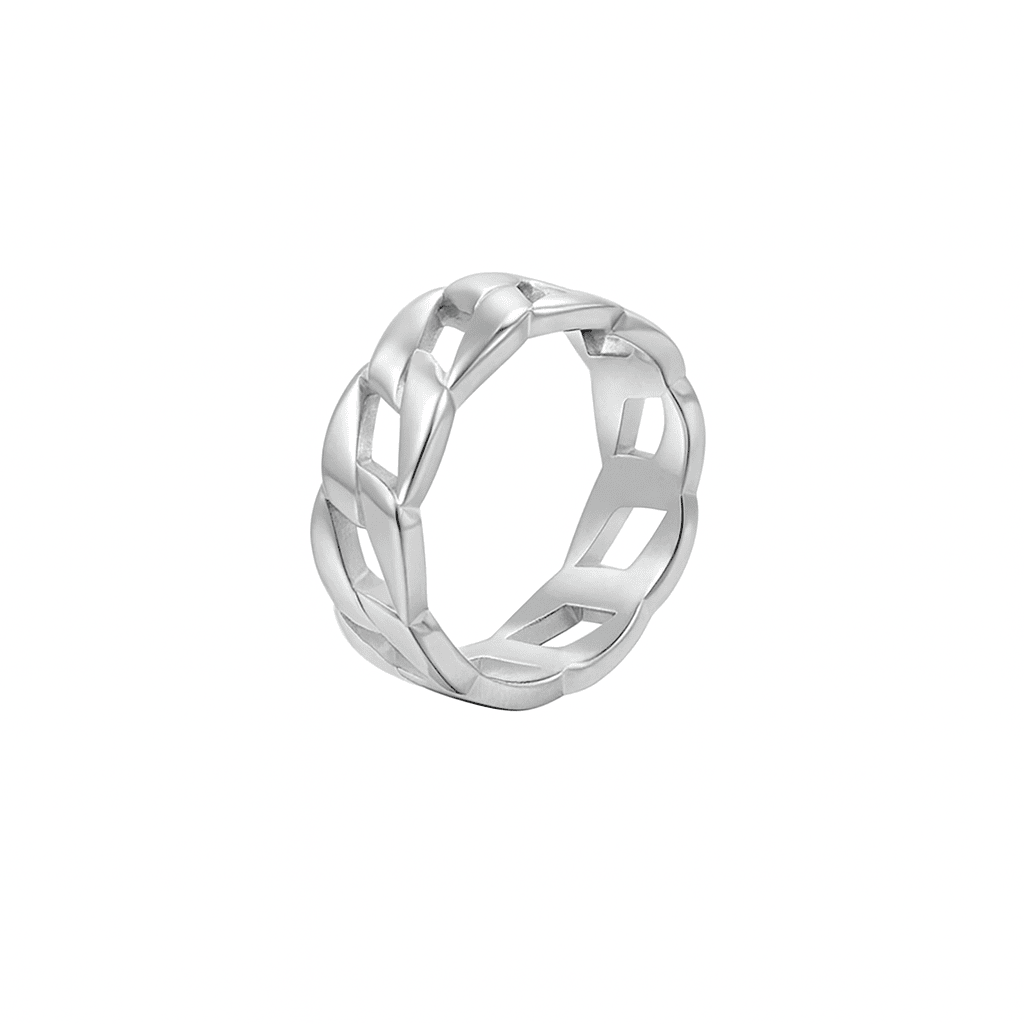 Silver stainless steel ring with a braided design on a white background