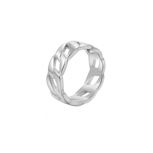 Silver stainless steel ring with a braided design on a white background