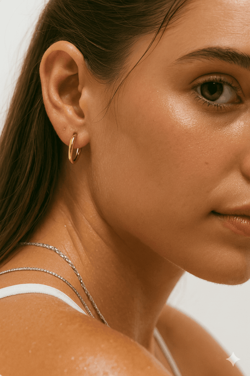 Close-up of a woman wearing a gold-plated hoop earring